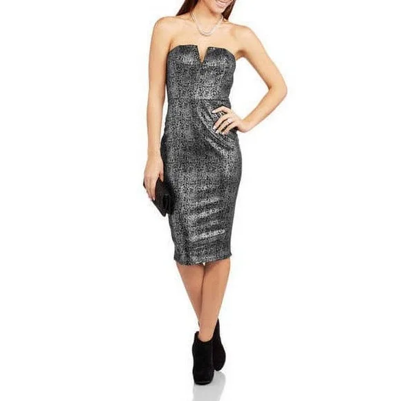 Glamour & Co. | Dresses | Glamour Co Womens Metallic Black Silver Strapless  Midi Fitted Dress Large Euc | Poshmark